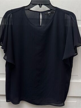 Uniqlo Navy Sheer Flutter Sleeve Blouse Small